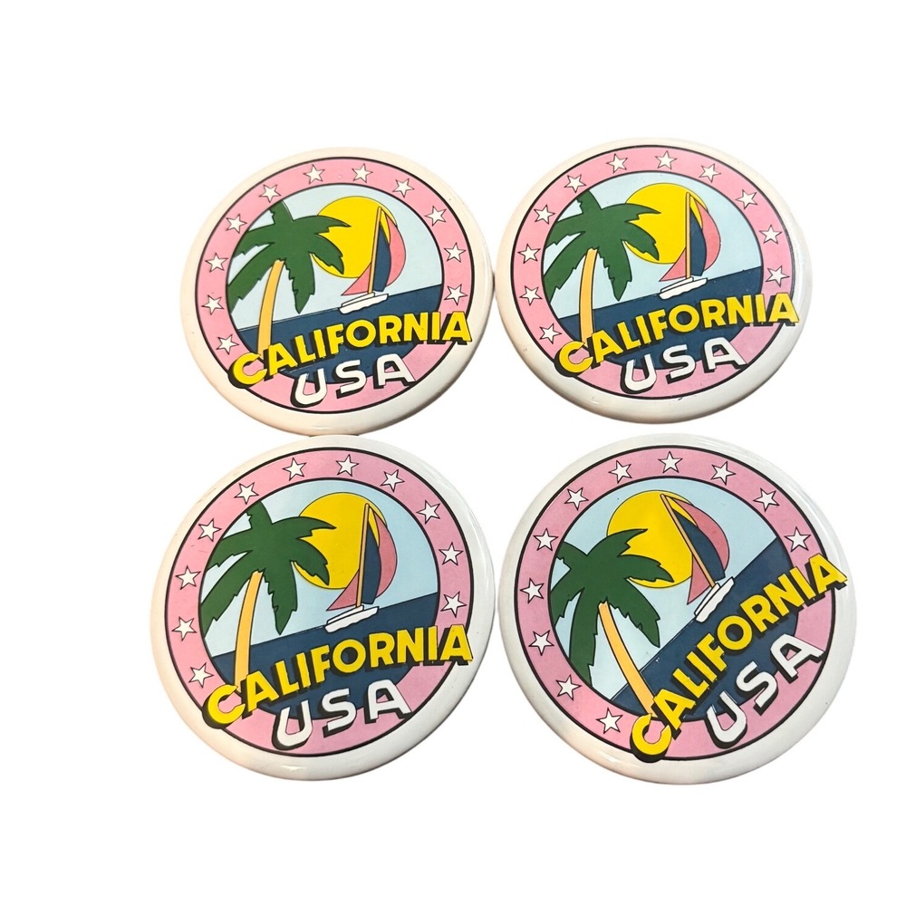 Vintage California USA Palm Tree Sailboat Coasters Set‎ of 4 Round